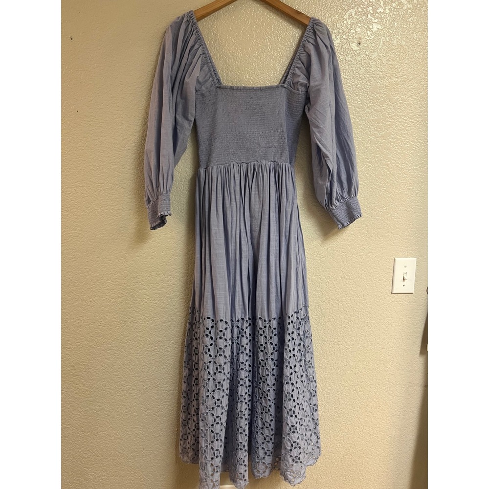 Free People Perfect Storm Madi Dress Blue Smocked Eyelet Floral Puff Sleeve - Picture 1 of 10